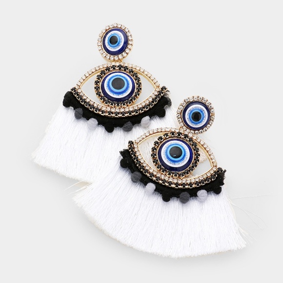 Jewelry - Rhinestone Trimmed Pom Pom Evil Eye Tassel Earring